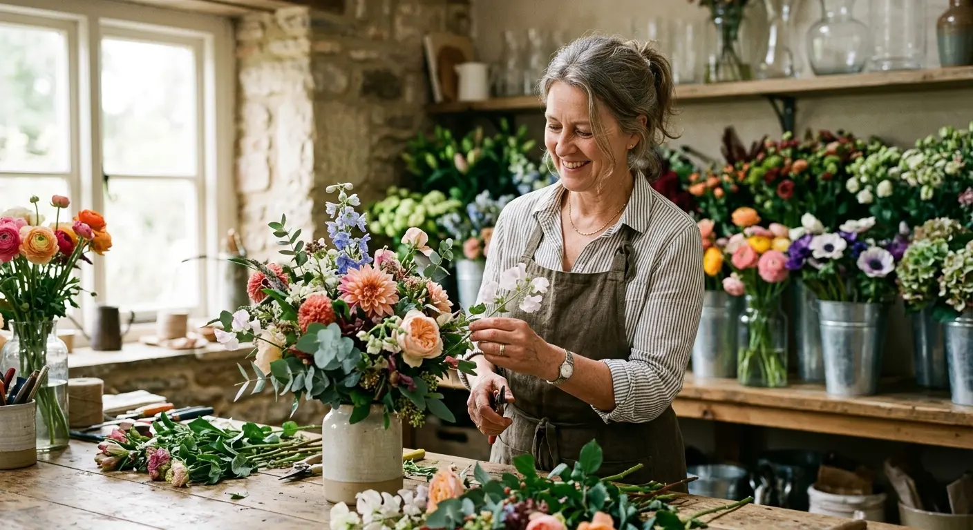 Jennifer Florence arranging flowers in her studio