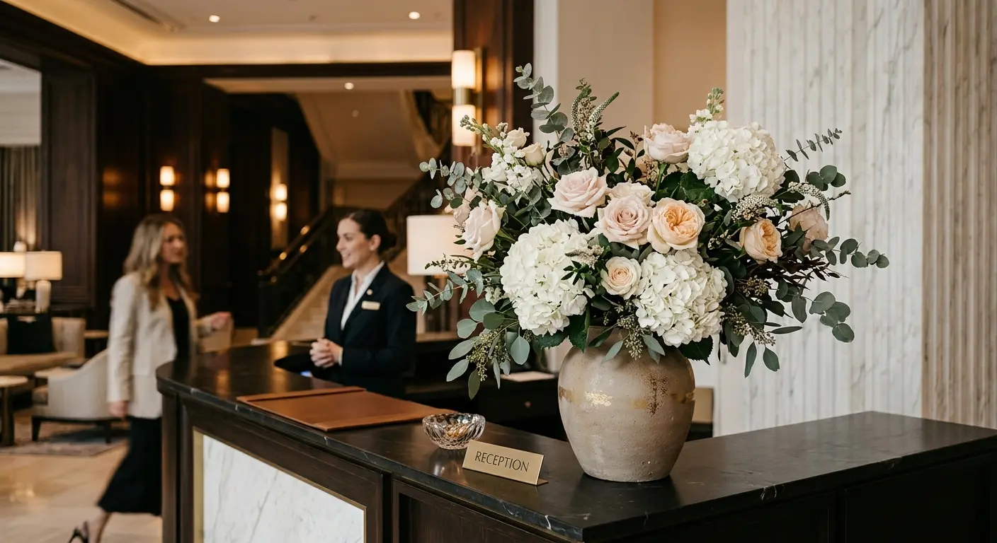 Corporate floral arrangement in hotel reception